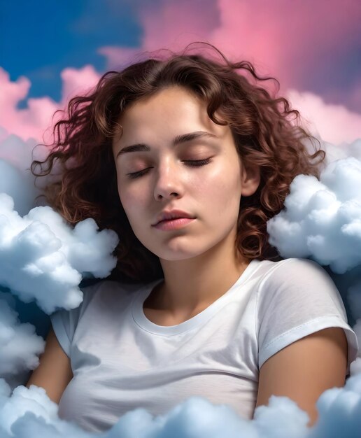 Kobieta śpi z chmurami na tle.