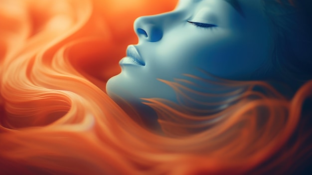 Zdjęcie kobieta śpi z zamkniętymi oczami i niebieskim niebem.