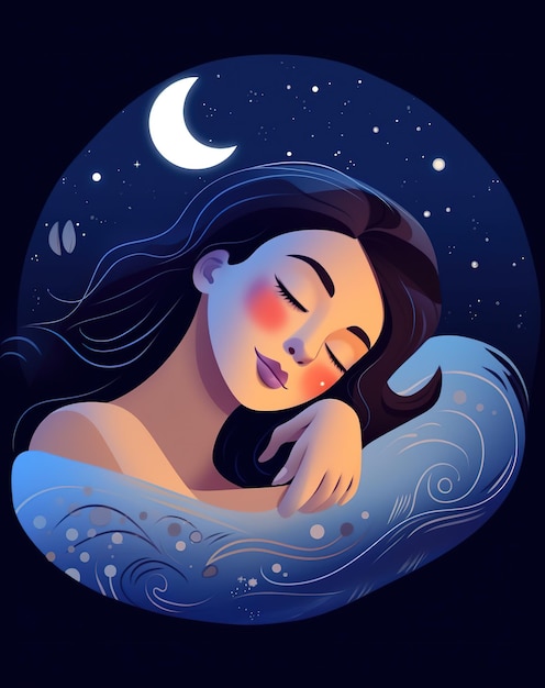 Kobieta śpiąca na fali z księżycem w tle.