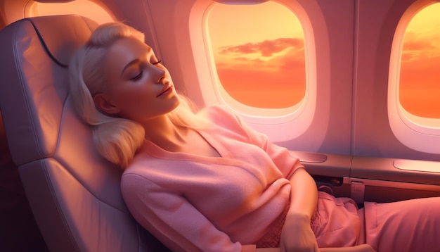 Kobieta śpiąca w samolocie z zachodem słońca w tle