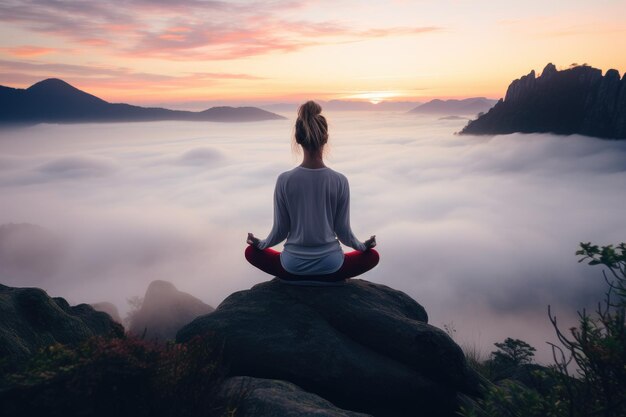 Zdjęcie kobieta spokojnie siedzi na szczycie masywnej skały pośród mglistego krajobrazu młoda kobieta medytująca o świcie na górze z panoramicznym widokiem