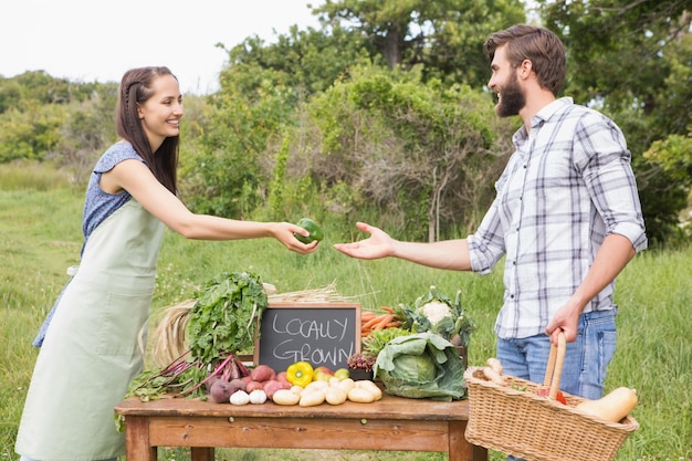 Kobieta sprzedaje organicznie warzywa przy rynkiem