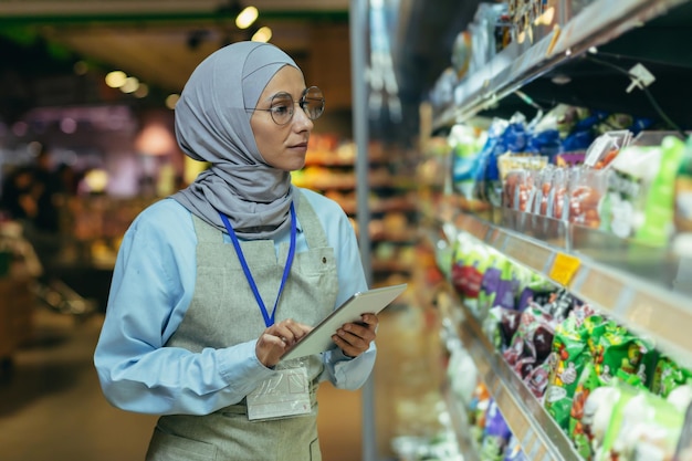 Kobieta sprzedawca w supermarkecie w hidżabie z tabletem sprawdzającym produkty za pomocą muzułmańskiego komputera kieszonkowego