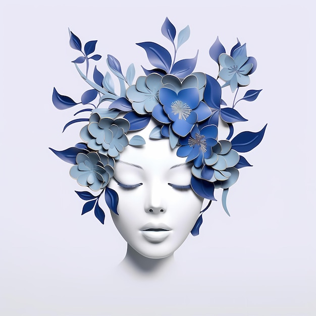 kobieta srebrne kwiaty niebieskie kwiatowy kapelusz głowa oszałamiająca ilustracja porcelana japońskie manekiny