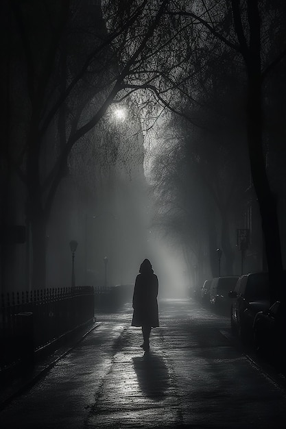 Kobieta stoi na ciemnej ulicy w ciemną mglistą noc.