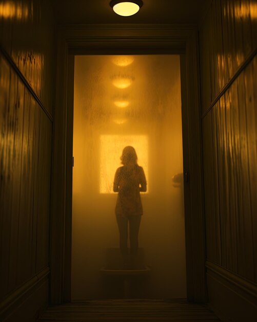 Kobieta stoi na korytarzu ze światłem na głowie.
