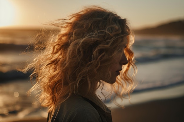 Kobieta stoi na plaży, a za nią zachodzi słońce.