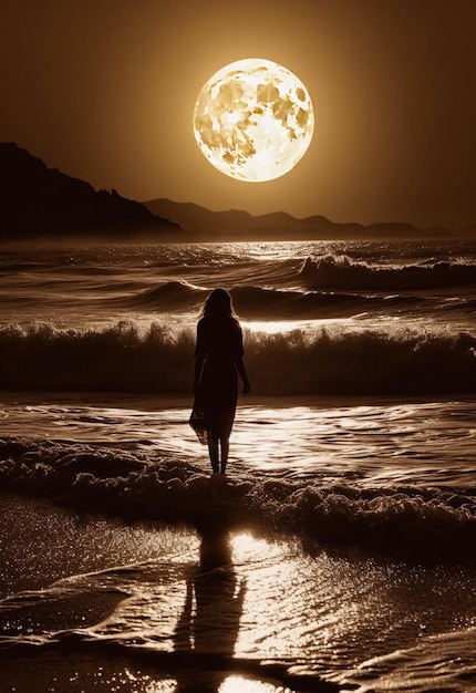 Kobieta stoi na plaży przed pełnią księżyca.
