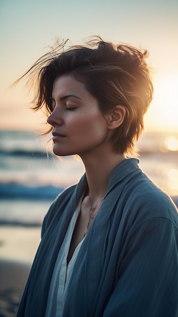 Kobieta stoi na plaży przed zachodem słońca.