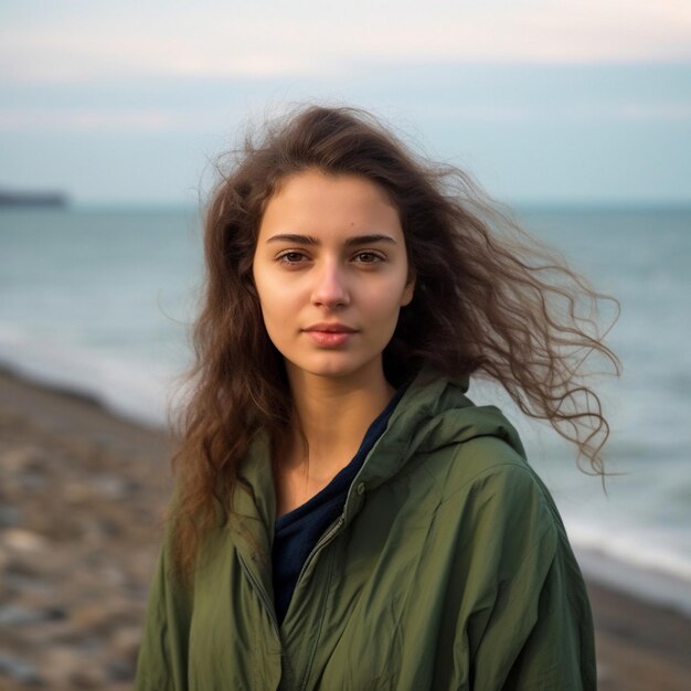 kobieta stoi na plaży z oceanem w tle.