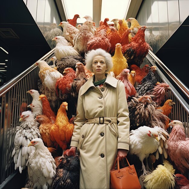 Kobieta stoi na schodach z wieloma kurczakami
