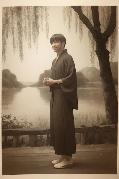 Kobieta stoi nad jeziorem i ma na sobie kimono.
