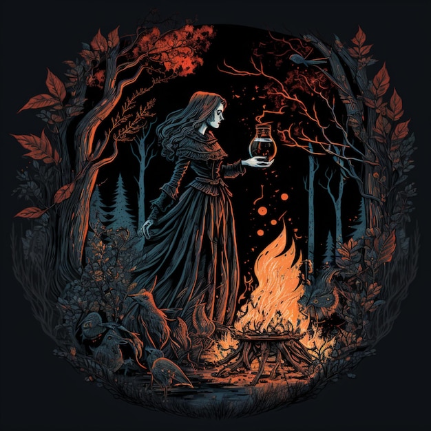 Kobieta stoi obok ogniska z dużym kieliszkiem wina w dłoni.