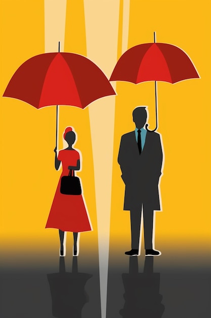 Kobieta stoi pod czerwonym parasolem, a za nią mężczyzna.