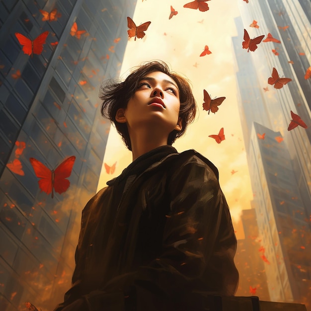 kobieta stoi przed budynkiem, a wokół niej latają motyle.