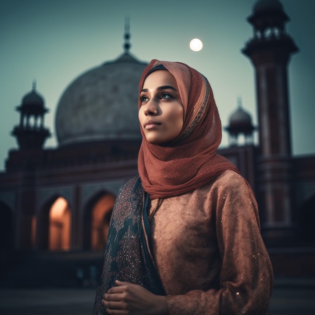 Kobieta stoi przed budynkiem z księżycem w tle.