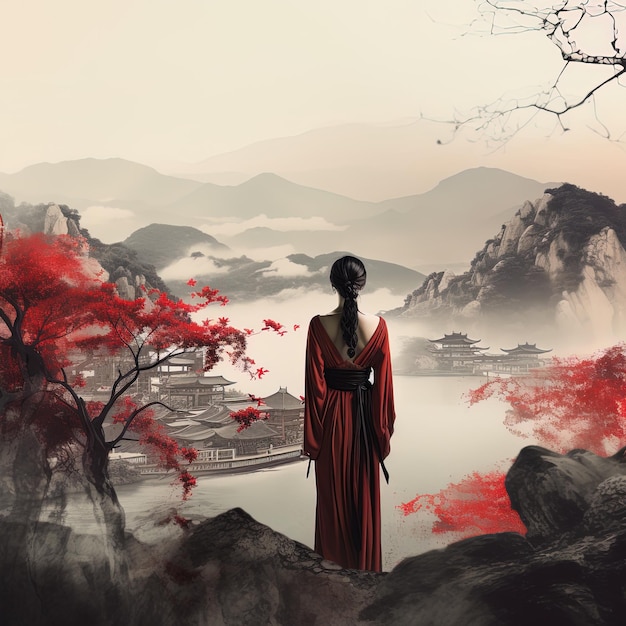 kobieta stoi przed górą z czerwonym drzewem na pierwszym planie