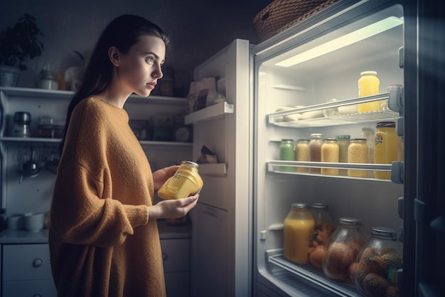 Kobieta stoi przed lodówką pełną soku owocowego.