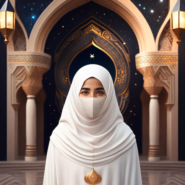 Kobieta stoi przed meczetem, a za nią gwiazda na ścianie.
