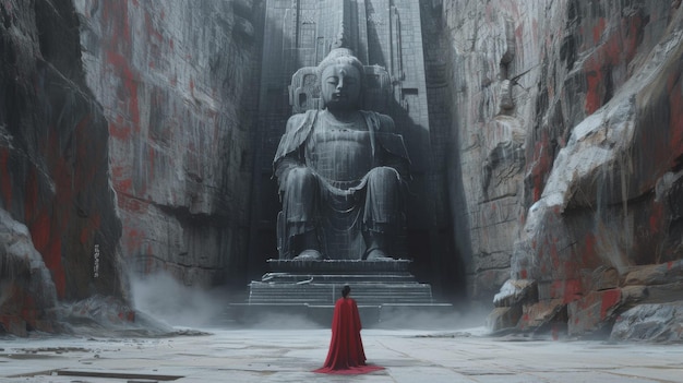 Kobieta stoi przed olbrzymim posągiem w stylu zestawów filmowych fenghua zhong alessio albi czerwony i szary klif chiang skrupulatna technika czarny