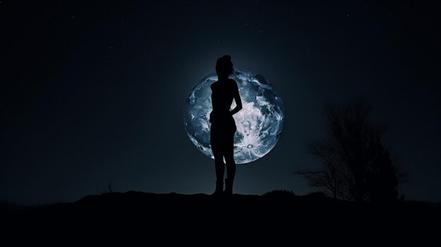 Kobieta stoi przed pełnią księżyca.