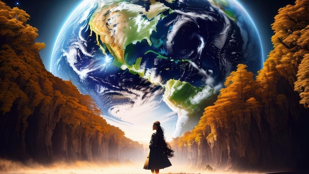 Kobieta stoi przed planetą z ziemią w tle.