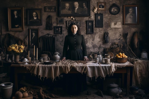 Zdjęcie kobieta stoi przed stołem z zdjęciami kobiet i obrazami na nim