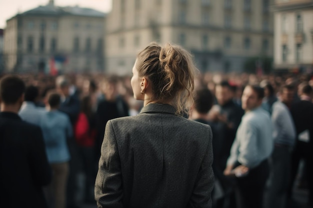 Zdjęcie kobieta stoi przed tłumem ludzi.