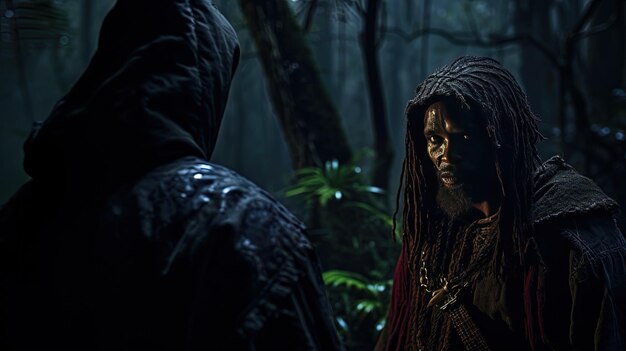 Kobieta stoi w ciemnym lesie z czarnym płaszczem i czarnym płášczem