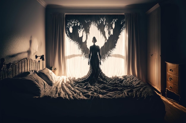 Kobieta stoi w ciemnym pokoju z drzewem na ścianie.