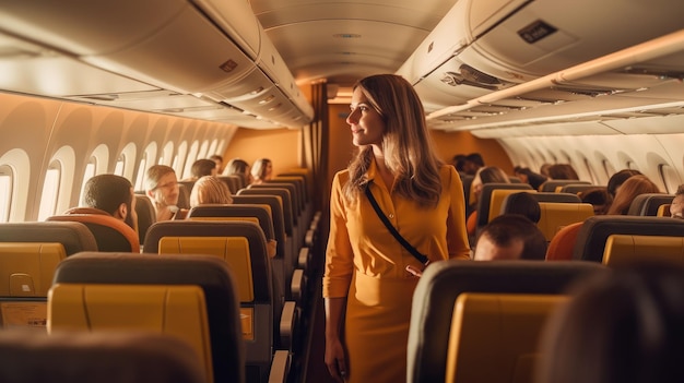 Kobieta stoi w samolocie z pasażerami na siedzeniach.