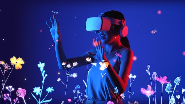 Kobieta stojąca meta ogród w VR włączyć transfer wonderland halucynacja