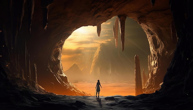 Kobieta stojąca między skałami przez jaskinię z dziurą w ziemi w stylu futurystycznym