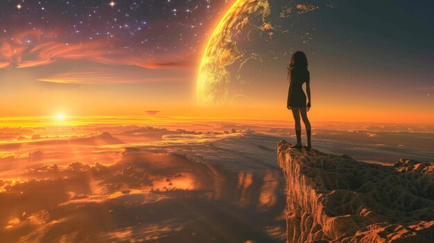 Zdjęcie kobieta stojąca na klifie patrząca na planetę.