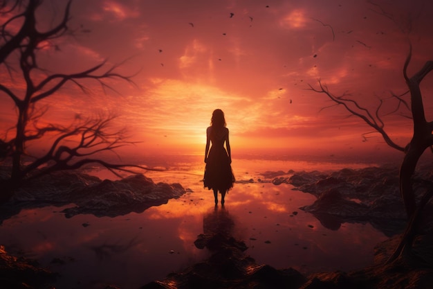 kobieta stojąca na środku jeziora o zachodzie słońca
