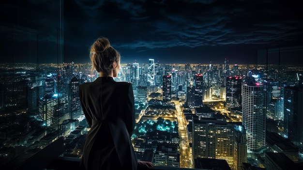 Kobieta stojąca na szczycie budynku patrząca na miasto nocą Generatywna sztuczna inteligencja