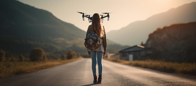 Zdjęcie kobieta stojąca na ulicy i trzymająca dron gotowy do lotu obraz wygenerowany przez sztuczną inteligencję