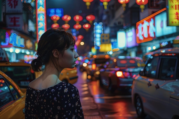 Kobieta stojąca na ulicy w nocy