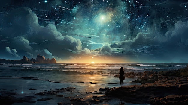 Zdjęcie kobieta stojąca nad morzem w środku nocy i patrząca w gwiazdy