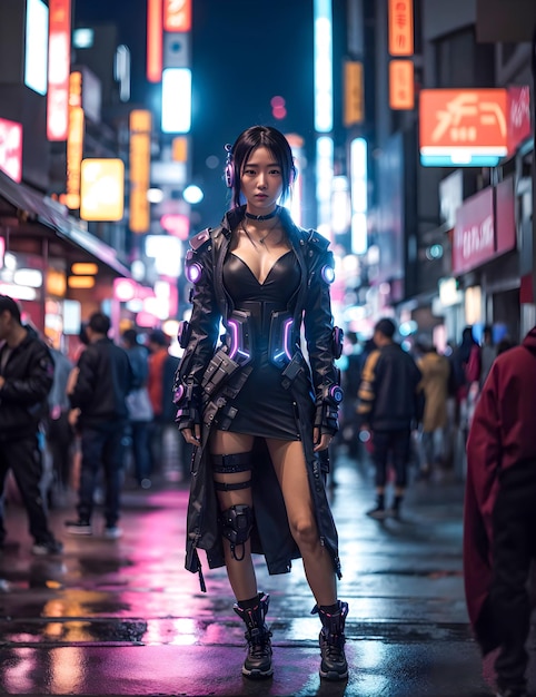 kobieta stojąca pośrodku miasta nocnymi cyberpunkowymi ulicami w Japonii Ai generatywna