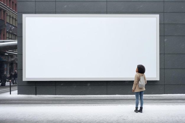 kobieta stojąca przed dużym billboardem