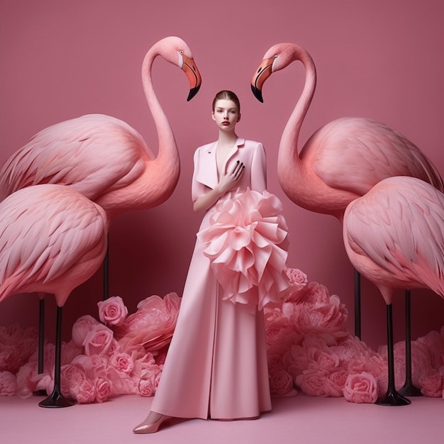Kobieta stojąca przed flamingami na różowym tle.