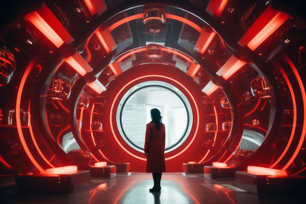 Zdjęcie kobieta stojąca przed futurystycznym tunelem z czerwonymi światłami
