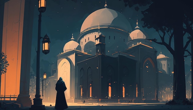 Kobieta stojąca przed meczetem w ramadanowej ilustracji sztuki cyfrowej