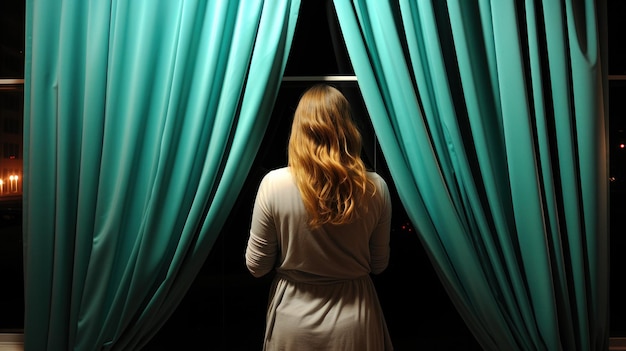 Kobieta stojąca przed oknem patrzy na zewnątrz myśląco