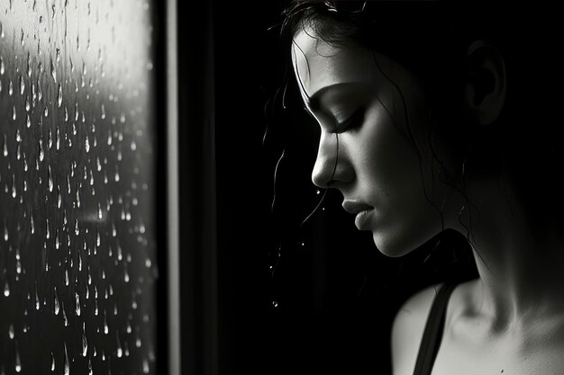 Kobieta stojąca przed oknem pokrytym deszczem