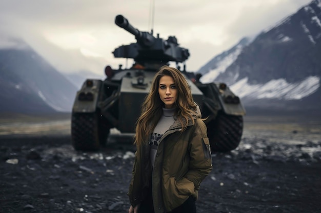 Zdjęcie kobieta stojąca przed pojazdem wojskowym.