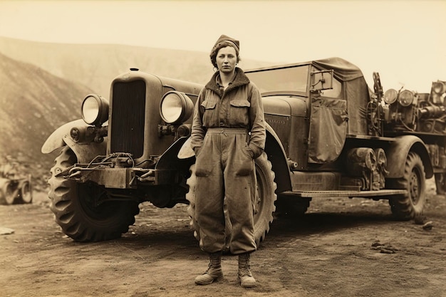 Kobieta stojąca przed pojazdem wojskowym.