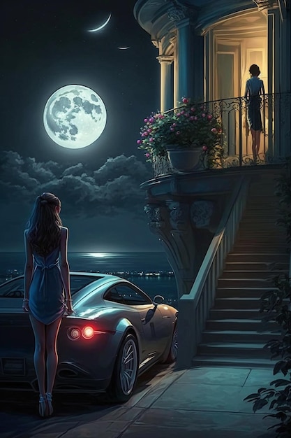 Kobieta stojąca przed samochodem w nocy generatywne ai