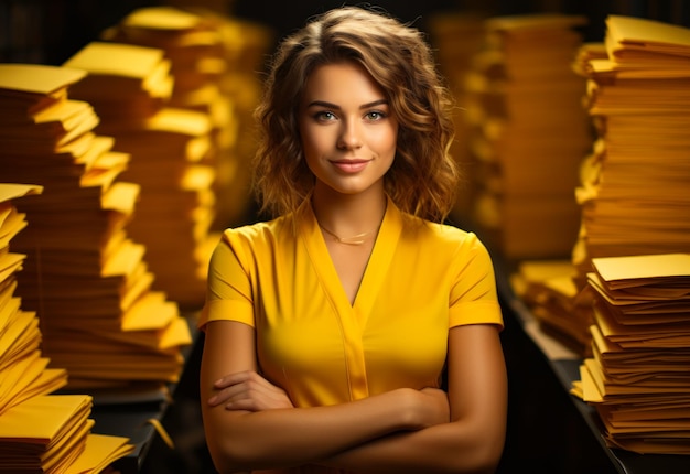 Kobieta stojąca przed stosami książek